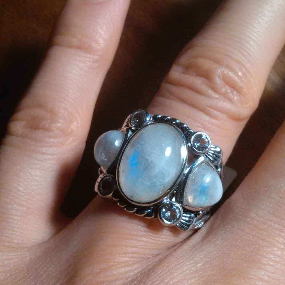 White Rainbow Moonstone Three Stone Sterling Silver Ring (Size 7)